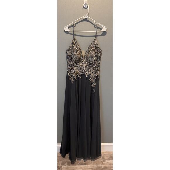 JVN by Jovani Long Embellished Prom Dress Formal Gown w/Cape Navy - Picture 1 of 11